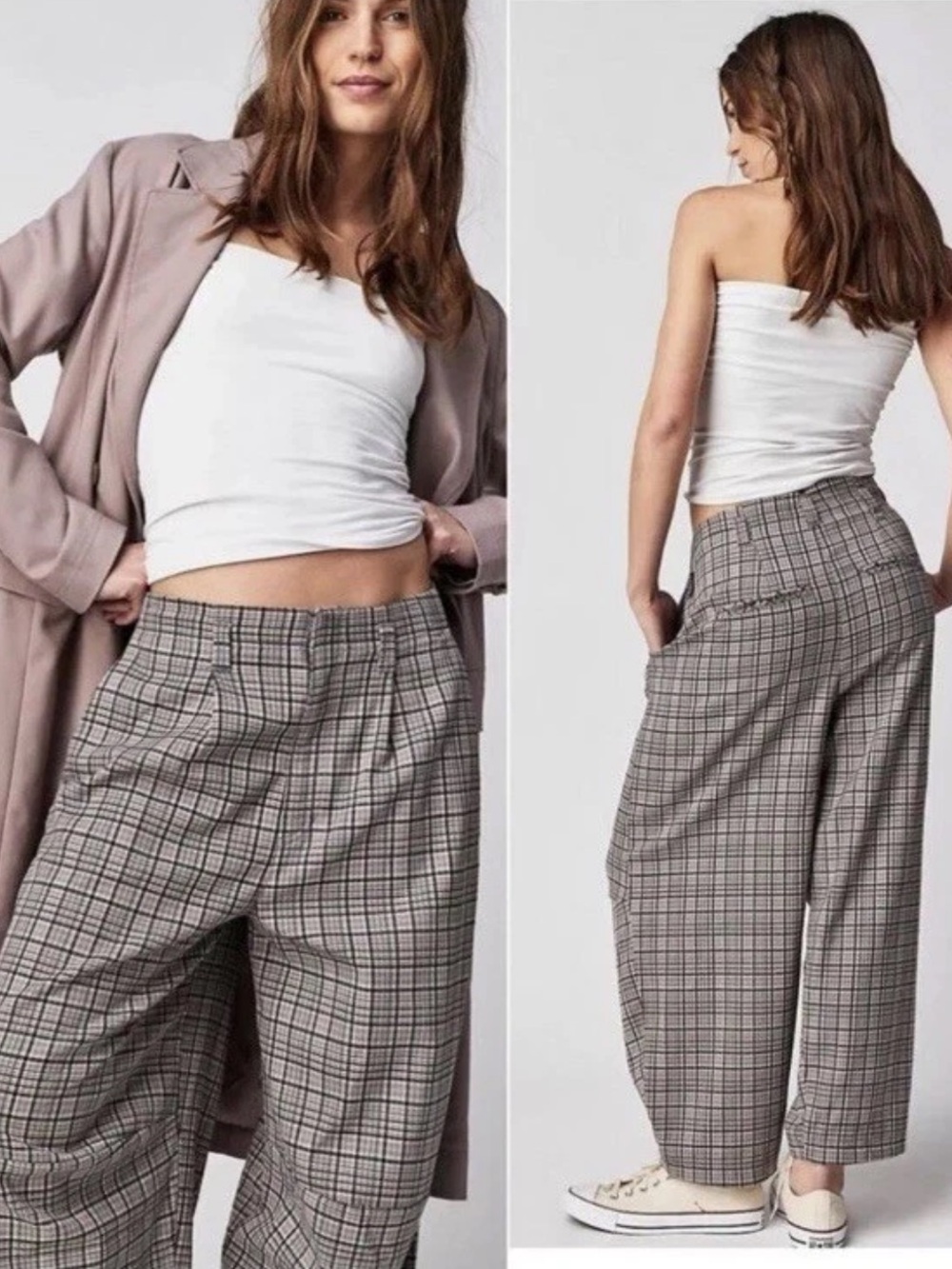 Free People Turning Point Trousers Plaid Dust Combo Barrel Pleated Knee Womens 4